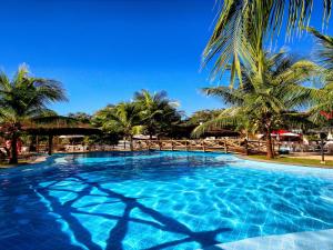 une grande piscine avec des palmiers en arrière-plan dans l'établissement Apartamento Suites Le Jardin Caldas Novas Goiás, à Caldas Novas