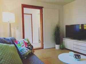 a living room with a couch and a television at Ferienhaus Zur Mainpforte in Mainz