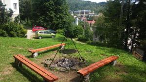 un parco con due panchine e un focolare di Rezydencja Zamek a Krynica-Zdrój