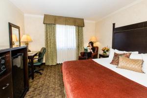 une chambre d'hôtel avec un lit et une femme assise dans une chaise dans l'établissement Heritage Hotel Lancaster, à Lancaster