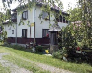 a large white house with a gate in front of it at Pensiunea Letitia in Suceviţa