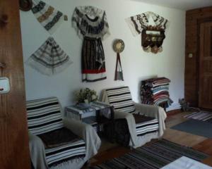 a living room with two chairs and clothes hanging on the wall at Pensiunea Letitia in Suceviţa