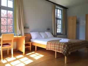 - une chambre avec un lit, un bureau et des fenêtres dans l'établissement Irish College Leuven, à Louvain