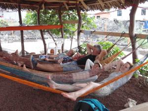 a group of people laying in hammocks on a beach at Posada del Caminante in Puerto Villamil