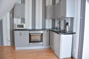 a small kitchen with white appliances and a microwave at Apartmá Kateřina Velké Losiny in Velké Losiny