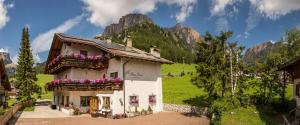 un edificio con flores en las ventanas con montañas en el fondo en Pensione Erica, en Colfosco