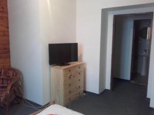 una camera da letto con TV su un comò in legno di Hotel Anna a Harrachov