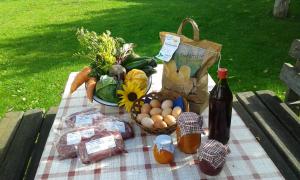 una coperta da picnic con uova e verdure su un tavolo di Appartements Färberhof a Valdaora