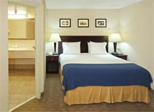 Habitación de hotel con cama y baño en Holiday Inn Express Little Rock-Airport, an IHG Hotel, en Little Rock