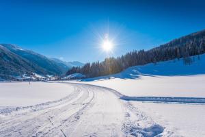 un camino en la nieve con el sol en el fondo en Hotel Taxerhof, en Radstadt