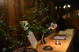 een vrouw die een foto neemt van een bureau met een plant bij The Deer Park Inn in Nara