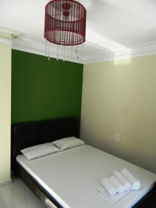 Cette chambre comprend un lit avec un mur vert et un lustre. dans l'établissement Arcadia Suites & Spa, à Galatas