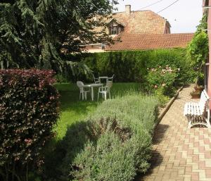 d'une terrasse avec une table et des chaises dans le jardin. dans l'établissement La Clef des Champs - Proche Colmar, à Biesheim