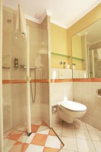 a bathroom with a toilet and a glass shower at Blesius Garten in Trier