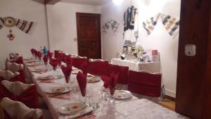 a long table with red chairs and plates and glasses at Pensiunea Letitia in Suceviţa