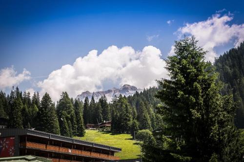 vistas a una montaña con árboles y a un edificio en Hotel Posta R.T.A., en Madonna di Campiglio