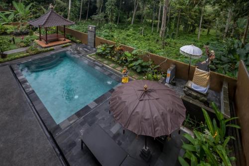 an overhead view of a swimming pool with an umbrella at Puri Astina Villa in Ubud