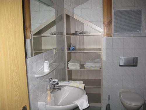 bagno con lavandino e servizi igienici di Ferienwohnung Karlsruh a Warmensteinach