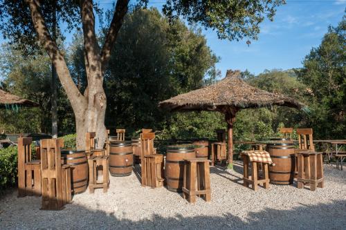 um grupo de barris e guarda-sóis em um parque em Il Castagno Toscana em Campiglia Marittima