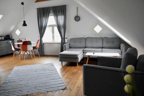 uma sala de estar com um sofá e uma mesa em Suur-Sepa apartement em Pärnu