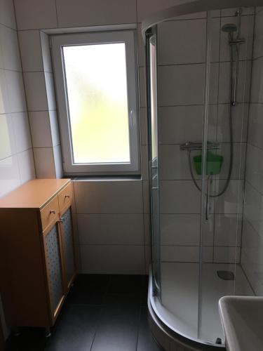 a bathroom with a shower and a sink and a window at Gasthof Ogertschnig in Klagenfurt