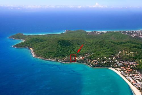 an aerial view of an island with a red spot at Tranquil Little Cove Unit, Pool Escape in Noosa Heads