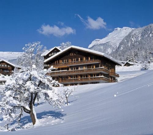 een skihut in de sneeuw met een boom op de voorgrond bij Hotel Cabana in Grindelwald