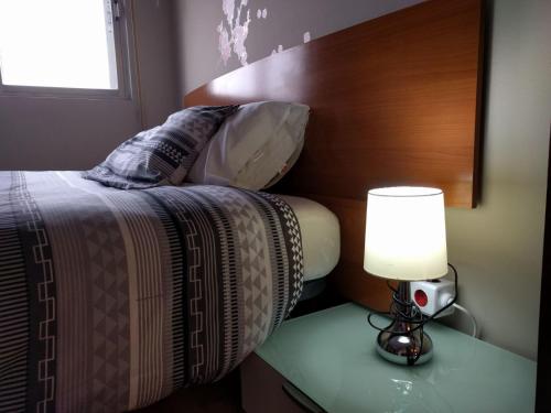 a bedroom with a bed and a lamp on a table at www apartamentovaldivia es Parking incluido in León