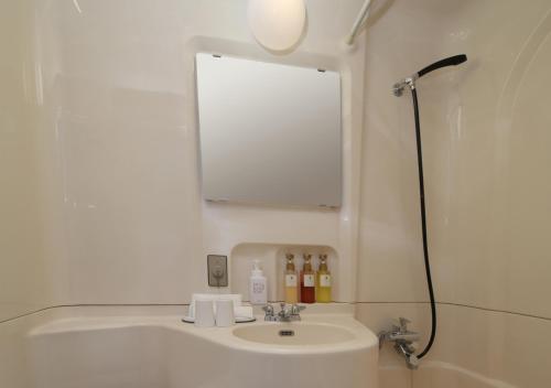 La salle de bains est pourvue d'un lavabo avec miroir et d'une douche. dans l'établissement New Miyako Hotel Ashikaga Annex, à Ashikaga