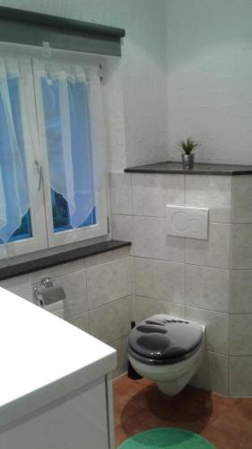 a bathroom with a toilet with a black seat at Casa Rustica in Magadino