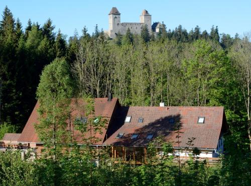 un castello in cima a una collina con tetti di Penzion Na Habeši a Kašperské Hory