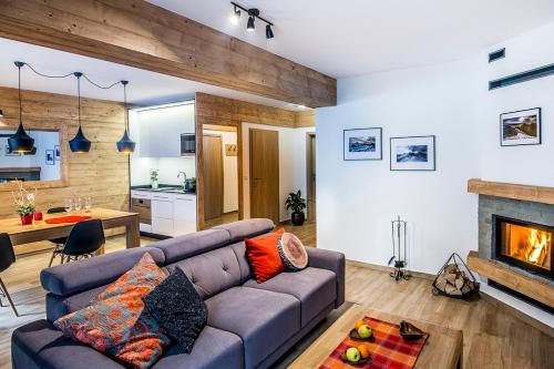 - un salon avec un canapé et une cheminée dans l'établissement Apartamenty Forma Tatrica, à Zakopane