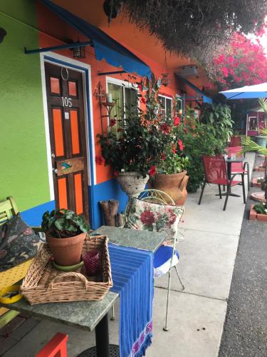 a table with potted plants sitting outside of a building at Villa Brasil Motel in Los Angeles