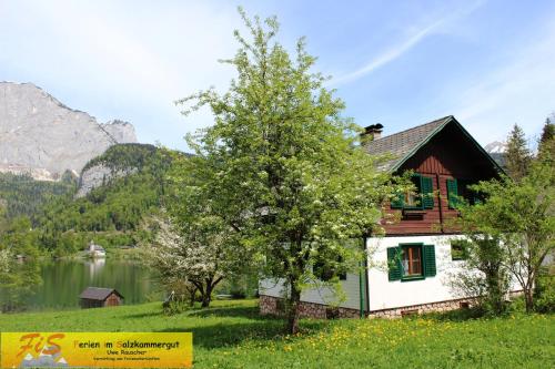 Haus Seeruhe - direkt am Grundlsee في غروندلسي: منزل في حقل بجوار بحيرة