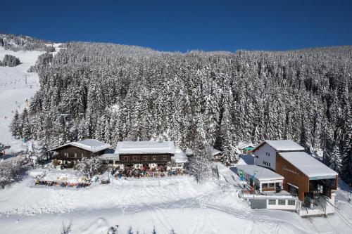 eine Luftansicht einer Skihütte im Schnee in der Unterkunft Berghotel Blaickner's Sonnalm in Zell am See