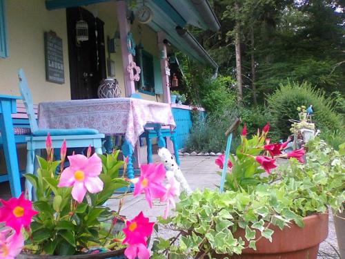 un patio con fiori, tavolo e sedie di Blue Cottage a Podvrh