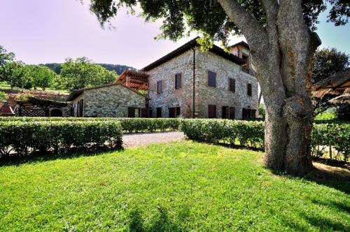 uma grande casa de pedra com uma árvore no quintal em Il Castagno Toscana em Campiglia Marittima