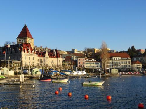 eine Gruppe von Booten in einem Wasserkörper mit Gebäuden in der Unterkunft Hôtel du Port in Lausanne