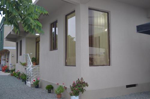 un bâtiment avec des plantes en pot sur son côté dans l'établissement Lia Guest House, à Kobuleti