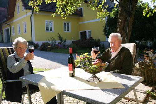 zwei ältere Menschen sitzen an einem Tisch mit Weingläsern in der Unterkunft Frühstückspension Krump in Bad Waltersdorf