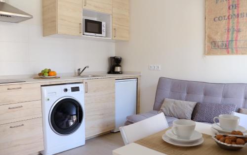 a kitchen with a washing machine in a living room at Apartamentos Plaza Mayor in Gijón