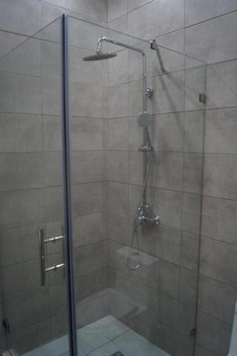 y baño con ducha y puerta de cristal. en City Caribbean Hotel Boutique, en Santo Domingo