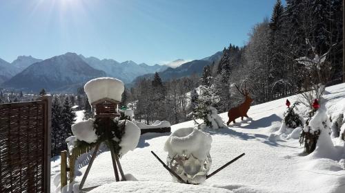 une clôture recouverte de neige avec des skis dans la neige dans l'établissement Landhaus Eggensberger, à Fischen im Allgäu