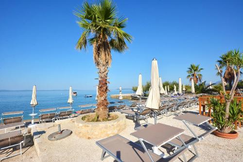 - une plage avec un palmier, des chaises et des parasols dans l'établissement Hotel Jona, à Podstrana