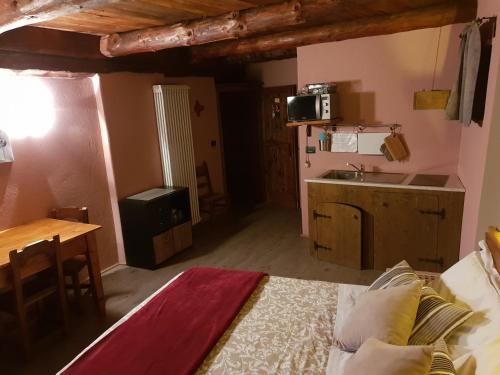 une chambre avec un lit et une cuisine avec un évier dans l'établissement Agriturismo Rivet d'Or, à Pragelato