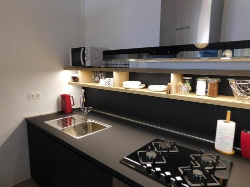 una cucina con lavandino e piano cottura forno superiore di New cosy apartment near Arena a Zagabria