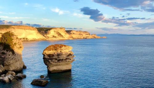 een grote rotsformatie in het water bij de oceaan bij Faro di Capo Testa in Bonifacio