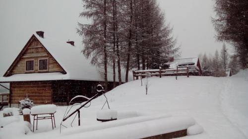 una casa ricoperta di neve di fronte a una cabina di Cudne Manowce a Wetlina