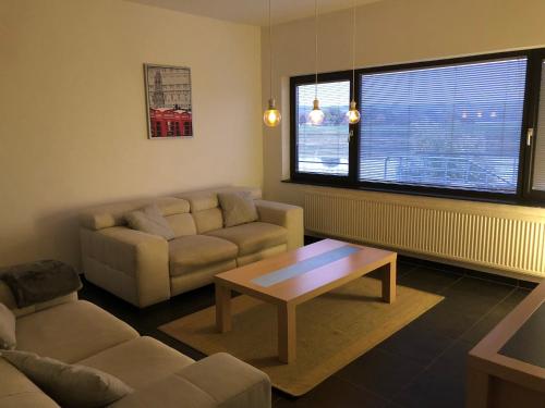 a living room with a couch and a coffee table at Maaszicht in Maasmechelen