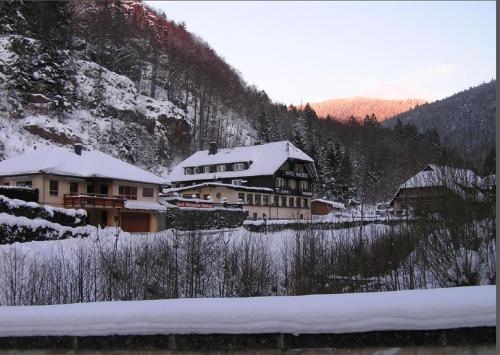 budynek pokryty śniegiem obok góry w obiekcie Hotel Waldeck in Todtnau w mieście Todtnau